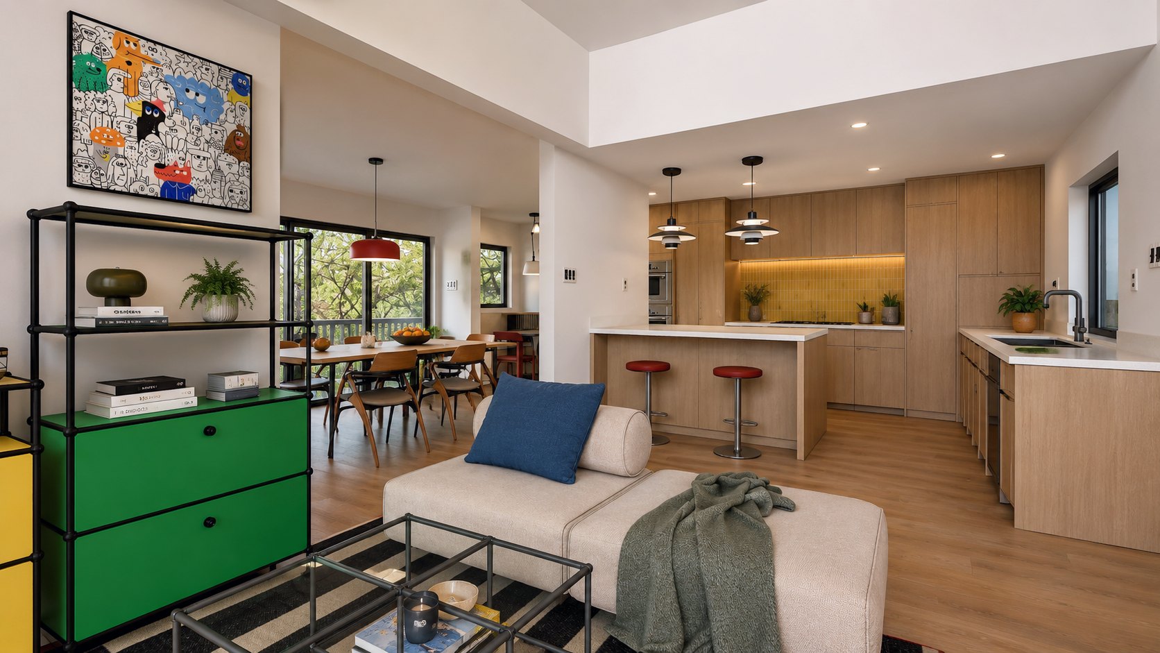 Open dining, kitchen, and living space